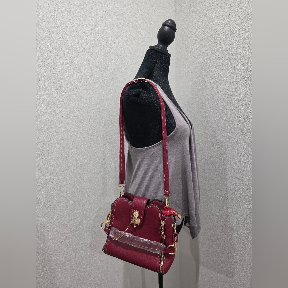 New Dark Red / Burgandy And Gold Tone Hardware Crossbody